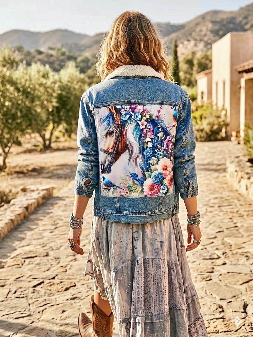 Rare HORSE upcycled back accent on Denim boho Jacket floral farmhouse vibe